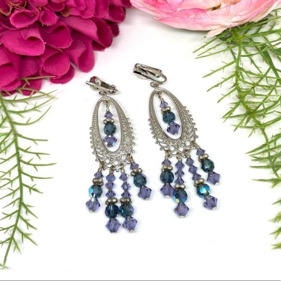 VINTAGE⚜️Purple Crystal Tassel Clip Earrings - Picture 1 of 7